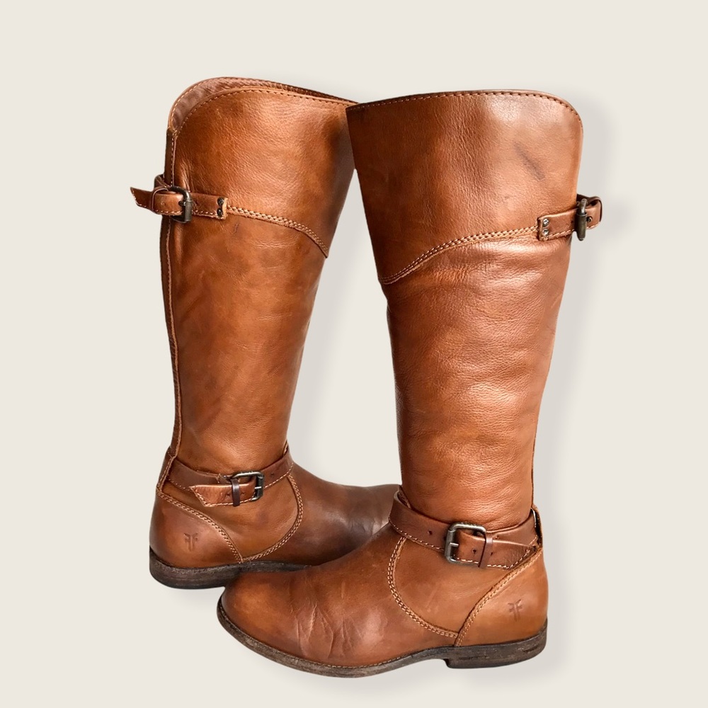 Frye Phillip Riding Knee High Cognac Real Leather Tall Buckle Vintage Low Boots - Picture 6 of 14